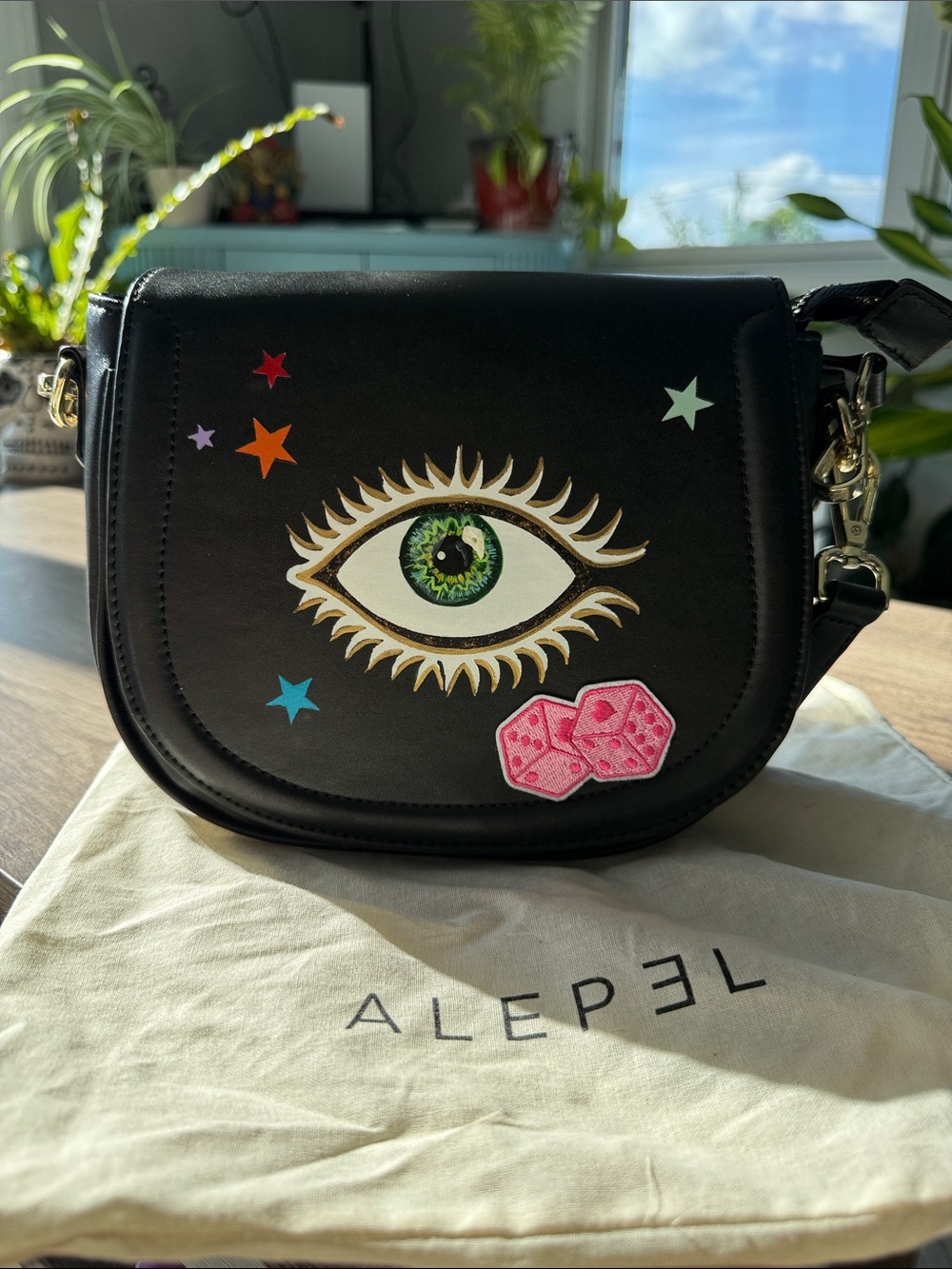 Black Leather Crossbody with Eye & Star Appliqués
